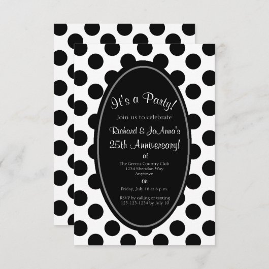 Uitnodiging van de Zwarte en Witte Polka Dot Party (Voorkant / Achterkant)