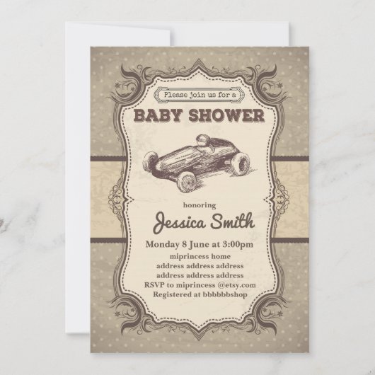 uitnodiging van het  BABY SHOWER - speelgoed racea (Voorkant)