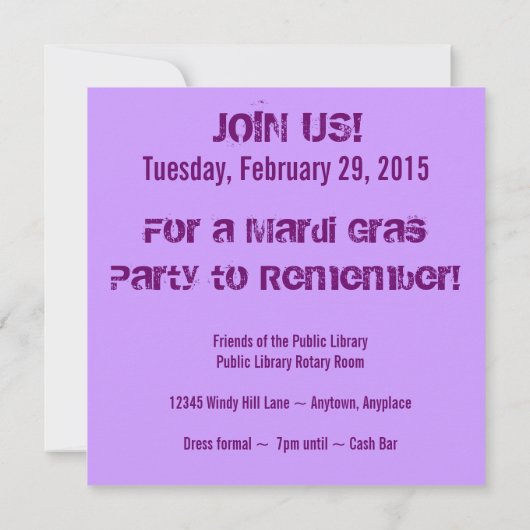 uitnodiging van Mardi Gras (Achterkant)