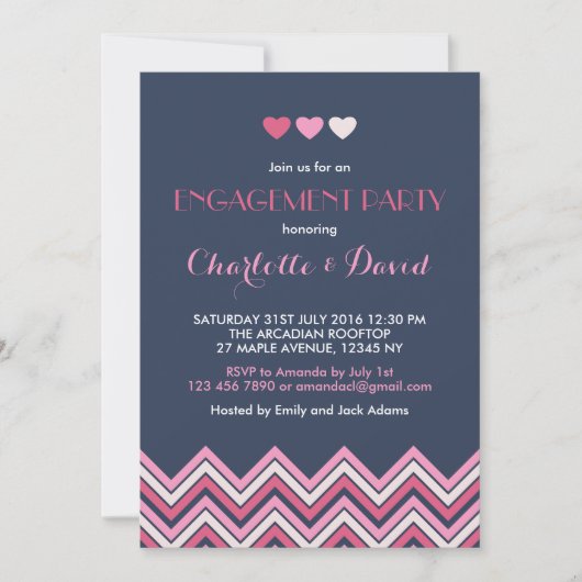 Uitnodiging van Navy Blue Pink Chevron Engagement  (Voorkant)