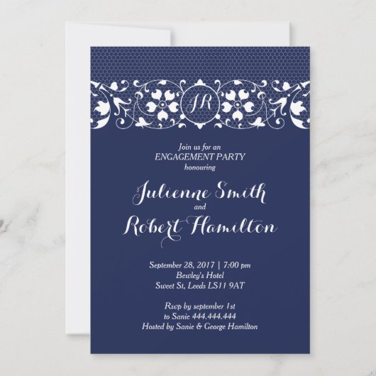 Uitnodiging van Navy Lace Monogram Engagement Part (Voorkant)