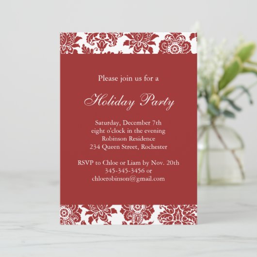 Uitnodiging van Red Damask Holiday Party (Staand voorkant)