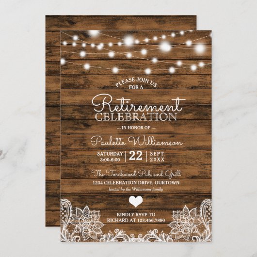 Uitnodiging van Rustic String Lights Retirement Pa (Voorkant / Achterkant)