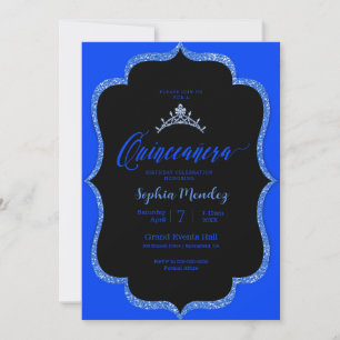 Uitnodiging van zwarte en blauwe Quinceanera
