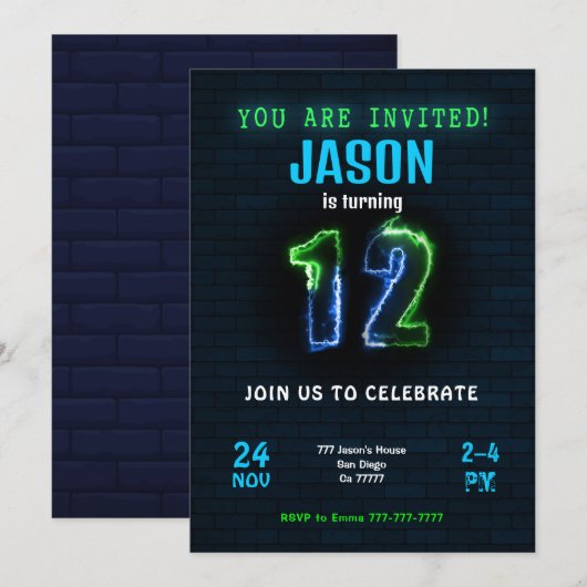 Uitnodiging verjaardag 12 jaar jongen (Voorkant / Achterkant)