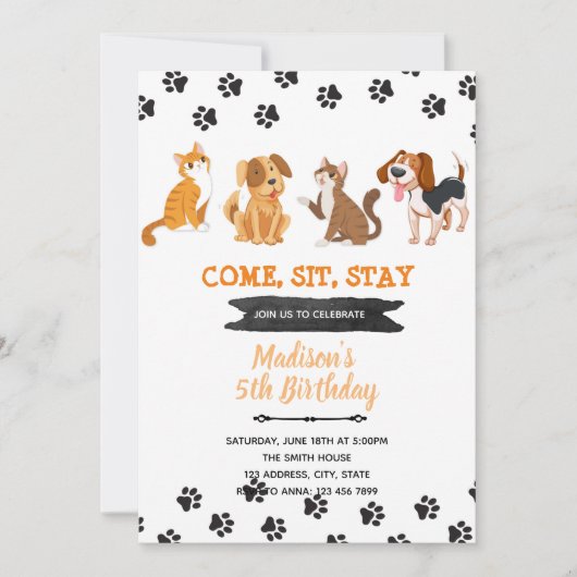 Uitnodiging verjaardag huisdier kat hond (Voorkant)