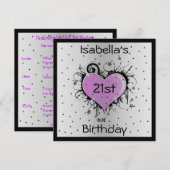 Uitnodiging Verjaardag Paarse Hart op Zwart (Voorkant / Achterkant)