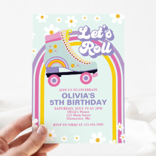 Uitnodiging verjaardag Retro Rainbow Roller skate
