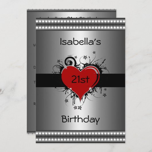 Uitnodiging Verjaardag Rode Hart op Zilver (Voorkant / Achterkant)