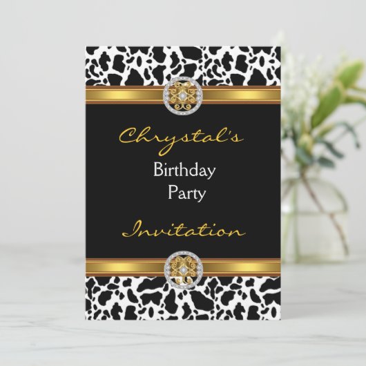 Uitnodiging Verjaardagsfeest Dier Koe Goud Sierade (Staand voorkant)