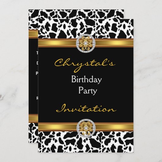 Uitnodiging Verjaardagsfeest Dier Koe Goud Sierade (Voorkant / Achterkant)