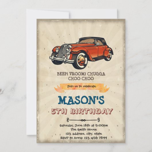 Uitnodiging verjaardagsfeest oldtimer (Voorkant)