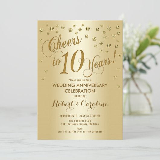 Uitnodiging voor 10-jarig huwelijksjubileum in gou (Staand voorkant)