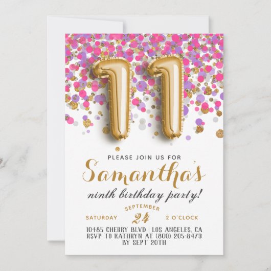 Uitnodiging voor 11e verjaardag met confetti (Voorkant)