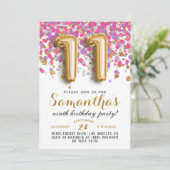 Uitnodiging voor 11e verjaardag met confetti (Staand voorkant)