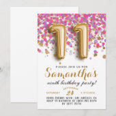 Uitnodiging voor 11e verjaardag met confetti (Voorkant / Achterkant)