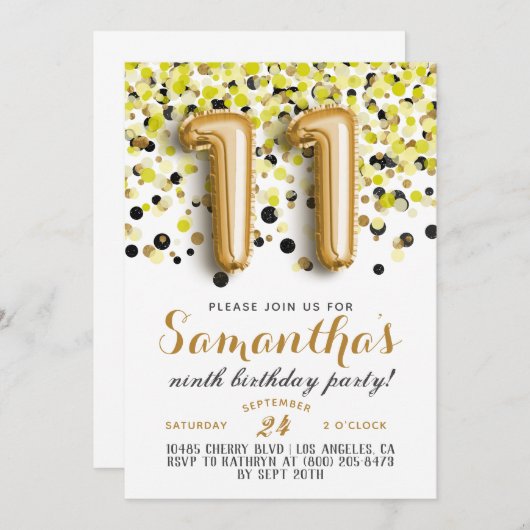 Uitnodiging voor 11e verjaardagsfeest met confetti (Voorkant / Achterkant)