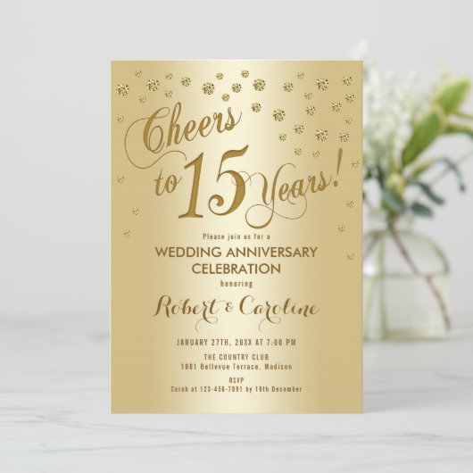 Uitnodiging voor 15e trouwdag in goud (Staand voorkant)