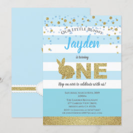 Uitnodiging voor 1e verjaardag konijn jongen blauw