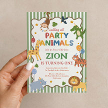 Uitnodiging voor 1e verjaardag Party Animals Green