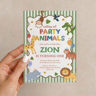 Uitnodiging voor 1e verjaardag Party Animals Green