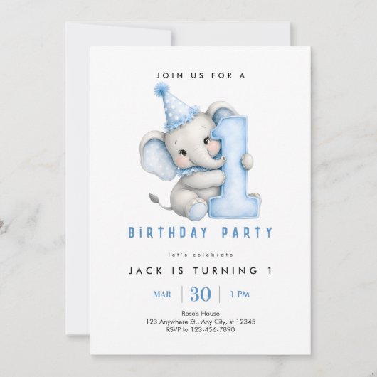 Uitnodiging voor 1e verjaardag van Blue Elephant v (Voorkant)