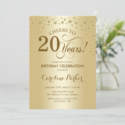 Uitnodiging voor 20e verjaardagsfeestje - Gold (Staand voorkant)