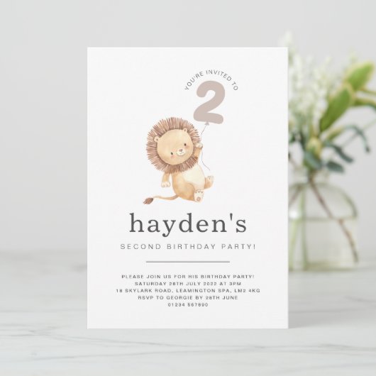 Uitnodiging voor 2e verjaardag met ballonleeuw (Staand voorkant)