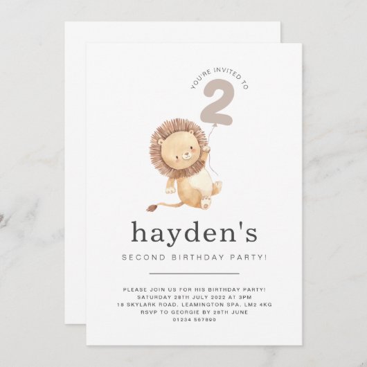 Uitnodiging voor 2e verjaardag met ballonleeuw (Voorkant / Achterkant)