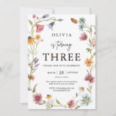 Uitnodiging voor 3e verjaardag met wildbloemthema  (Voorkant)