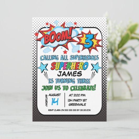 Uitnodiging voor 3e verjaardag van superheld (Staand voorkant)
