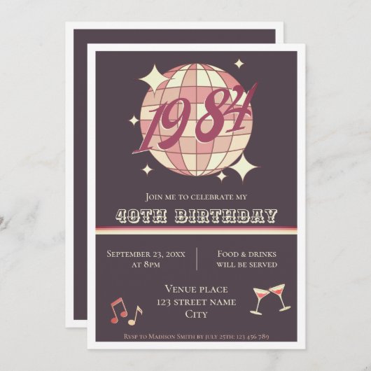 Uitnodiging voor 40e verjaardag in retro paars uit (Voorkant / Achterkant)