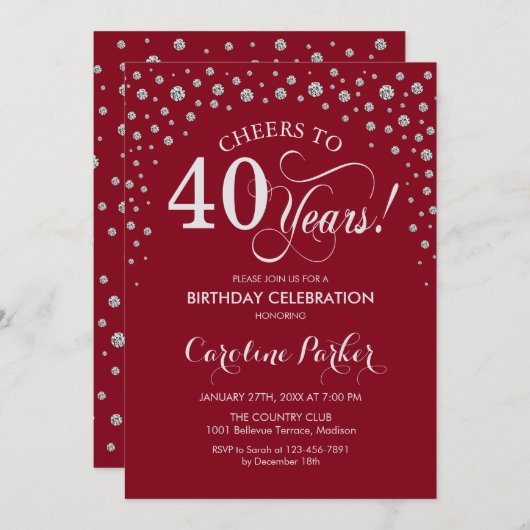 Uitnodiging voor 40e verjaardagsfeestje - Silver R (Voorkant / Achterkant)