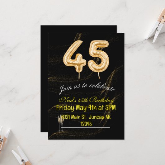 Uitnodiging voor 45e verjaardag met zwarte en goud (Voorkant / Achterkant in situ)