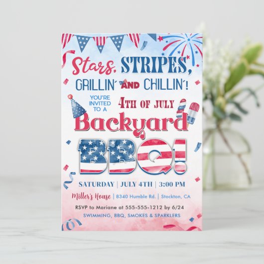 Uitnodiging voor 4 juli vuurwerk BBQ-feest (Staand voorkant)