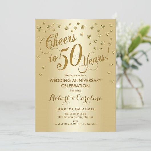 Uitnodiging voor 50-jarig huwelijksjubileum in gou (Staand voorkant)