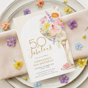 Uitnodiging voor 50e verjaardag met bloemen en cha