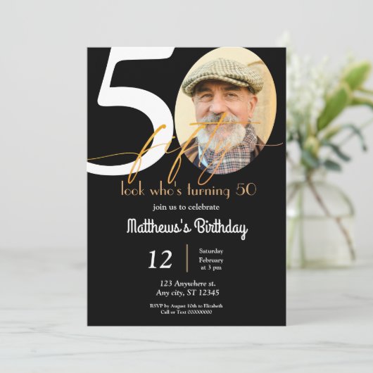 Uitnodiging voor 50e verjaardag met foto (Staand voorkant)