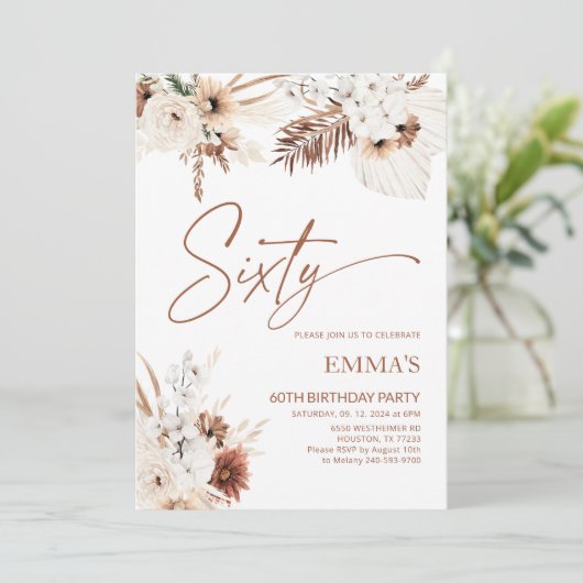 Uitnodiging voor 60e verjaardag Boho Pampas (Staand voorkant)