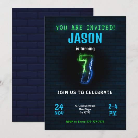 Uitnodiging voor 7de verjaardag jongen (Voorkant / Achterkant)