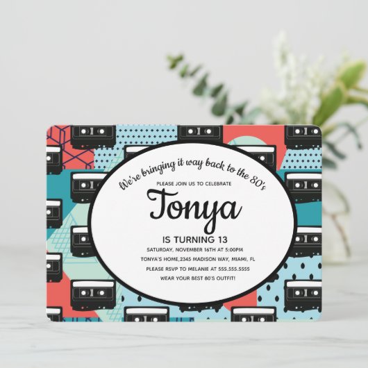 Uitnodiging voor 80s 90s Feest Retro Cassettes Rec (Staand voorkant)