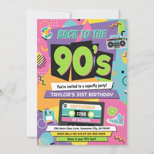 Uitnodiging voor 90s verjaardagsfeest (Voorkant)