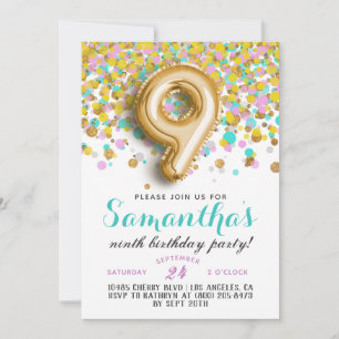 Uitnodiging voor 9de verjaardag met confetti