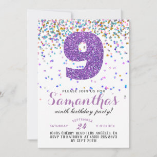 Uitnodiging voor 9de verjaardag met confetti