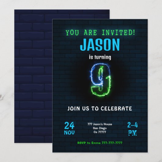 Uitnodiging voor 9e verjaardag jongen (Voorkant / Achterkant)