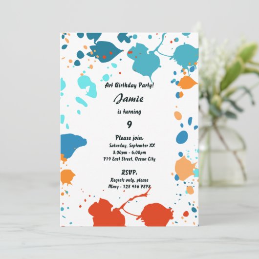Uitnodiging voor 9e verjaardagsfeestje met kunstth (Staand voorkant)