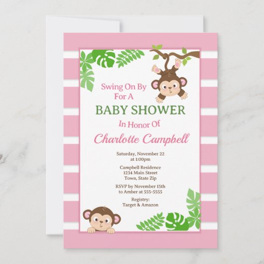 Uitnodiging voor aapmeisje babyshower, Roze aap in (Voorkant)