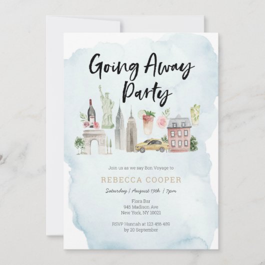 Uitnodiging voor afscheidsfeestje in New York City (Voorkant)