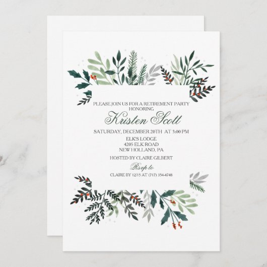 Uitnodiging voor afscheidsparty met winterkrans (Voorkant / Achterkant)