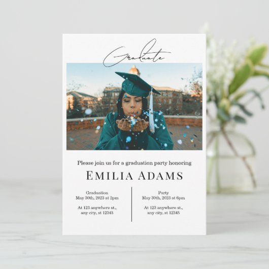 Uitnodiging voor afstudeerfeest, moderne foto Afst (Staand voorkant)